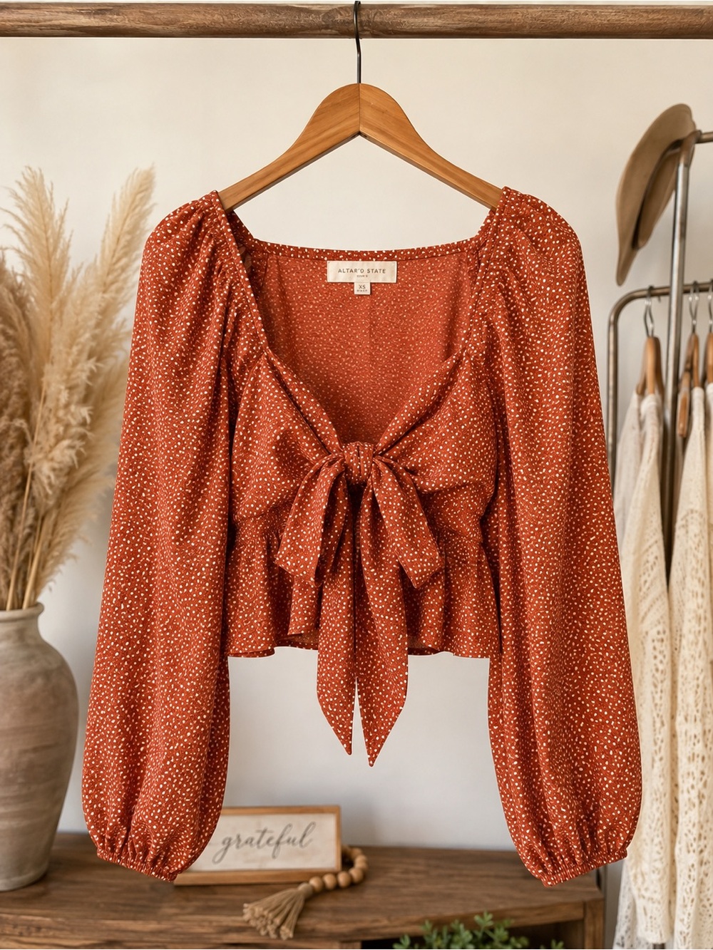 Altar'd State Rust Dotted Tie Front Balloon Sleeve Crop Blouse XS EUC GAME DAY